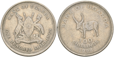 Уганда 100 шиллингов 1998 африканский буйвол KM 67 медно-никель 176-527