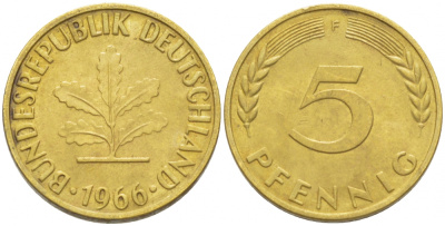 ФРГ 5 ПФЕННИГОВ 1966 F KM 107, J. 382 сталь плакированная латунью 3996-1137