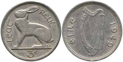 Ирландия 3 пенса 1949 заяц KM 12а медно-никель 4387-1034