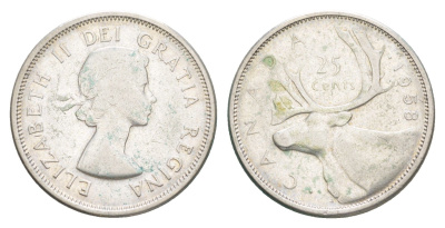 Канада 25 центов 1958 Елизавета II (1952-2022), олень KM 52 серебро 73-1632