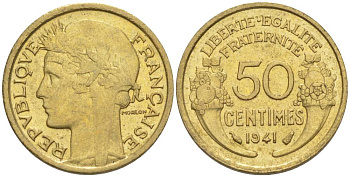 ФРАНЦИЯ 50 САНТИМОВ 1941 ТИП MORLON KM 894.1, LE FRANC 192.18 алюминиевая бронза 44-416