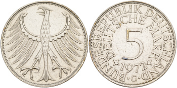 ФРГ 5 марок 1972 G KM 112.1,  J. 387 серебро    4149-515