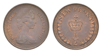 Великобритания 1/2 новый пенни 1971 Елизавета II (1952-2022) KM 914, Spink 4239 бронза 4643-459