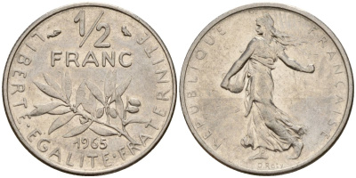 Франция 1/2 франка 1965 сеятель KM 931, Le Franc 198.3 никель 4152-437