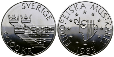 Швеция 100 крон 1985 Карл XVI Густав (1973- ), европейский год музыки KM 865 серебро UNC 1521-513