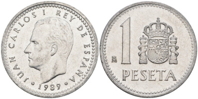 Испания 1 песета 1989 M, Хуан Карлос I (1975-2014) KM 821 алюминий 4448-913