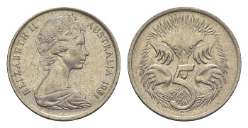 Австралия 5 центов 1981 Елизавета II (1952-2022) молодой портрет, ехидна KM 64 медно-никель 4152-669