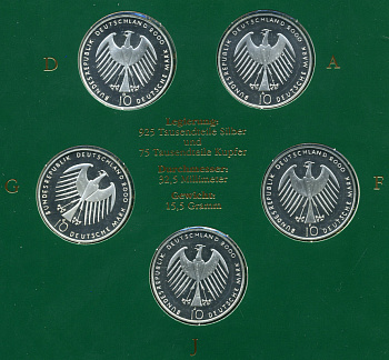ФРГ набор из 5 штук по 10 марок 2000 A, D, F, G, J,  EXPO 2000 KM 199 серебро PROOF 6-5-2-14