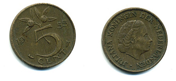 НИДЕРЛАНДЫ 5 ЦЕНТОВ 1955 ЮЛИАНА KM 181 бронза 76-417