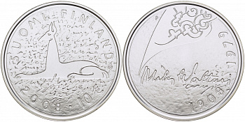 Финляндия 10 евро 2008 Мика Валтари, писатель KM 142 серебро  UNC 1077-8-23  1077-8-23
