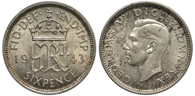 Великобритания 6 пенсов 1943 Георг VI (1936-1952) KM 852, Spink 4084 серебро 186-1012