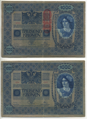 АВСТРИЯ 1000 КРОН 1919 КРАСНАЯ ВЕРТИКАЛЬНАЯ НАДПЕЧАТКА НА 1902 Pick 59 бумага 7553-40-1