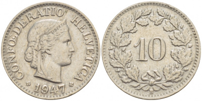 ШВЕЙЦАРИЯ 10 РАППЕНОВ 1947 KM 27 медно-никель 51-137