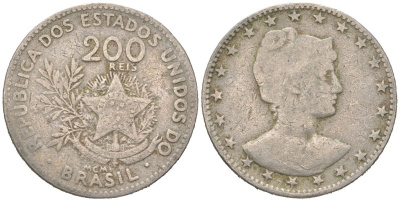 Бразилия 200 реалов 1901 MCMI, голова свободы вправо KM 504 медно-никель 4612-352