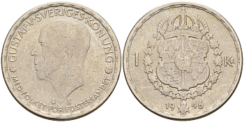 Швеция 1 крона 1946 TS, Густав V (1907-1950) KM 814 серебро 4589-847