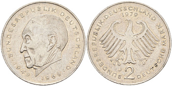ФРГ 2 марки 1979 J, Конрад Аденауэр, 20 лет Федеративной Республике (1949-1969) KM 124, J. 406 медно-никель плакированный никелем 4137-436