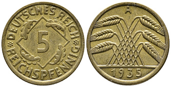ГЕРМАНИЯ 5 РЕЙХСПФЕННИГОВ 1935 A KM 39, J. 316 алюминиевая бронза 39-568