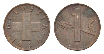 Швейцария 1 раппен 1948 B KM 46 бронза 4630-521