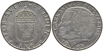 Швеция 1 крона 1983 Карл XVI Густав (1973- ) KM 852a медно-никель 4397-1127