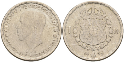 Швеция 1 крона 1946 TS, Густав V (1907-1950) KM 814 серебро 4589-847