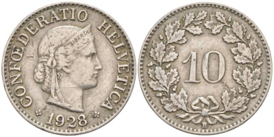Швейцария 10 раппенов 1928 B KM 27 медно-никель     3309-417