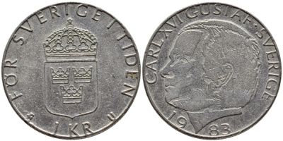 Швеция 1 крона 1983 Карл XVI Густав (1973- ) KM 852a медно-никель 4397-1127