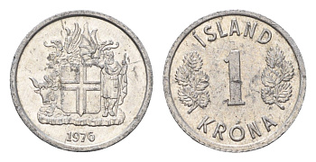 Исландия 1 крона 1976 KM 23 алюминий UNC 4687-765