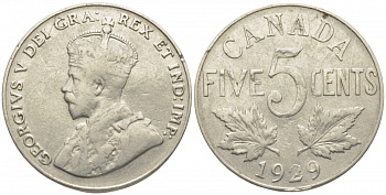 КАНАДА 5 ЦЕНТОВ 1929 ГЕОРГ V KM 29 никель 3856-645