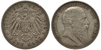 Баден 5 марок 1902 G, Фридрих I (1856-1907) Weege 31, J. 33, KM 274 серебро    3711-1613