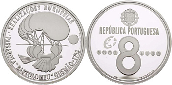 Португалия 8 евро 2007 INCM, Ранние летательные аппараты - Passarola Бартоломеу де Гусмана KM 822a серебро  PROOF 02-087-24