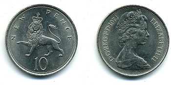 Великобритания 10 пенсов 1974 Елизавета II (1952-2022) KM 912, Spink 4231 (F1) медно-никель  4110-1341