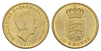 Дания 10 крон 2011 NR, Маргрете II (1972-2024) KM 943 алюминиевая бронза UNC 117-425