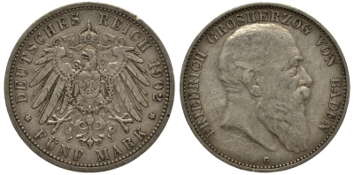 Баден 5 марок 1902 G, Фридрих I (1856-1907) Weege 31, J. 33, KM 274 серебро    3711-1613