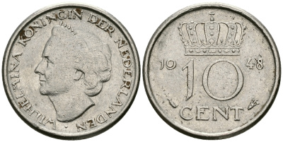 Нидерланды 10 центов 1948 Вильгельмина (1895-1948) KM 177 никель 96-527