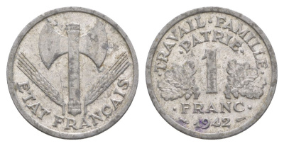 Франция 1 франк 1942 LB, тип LOURDE, правительство Виши KM 902.1, Le Franc 223.2 алюминий 4631-522