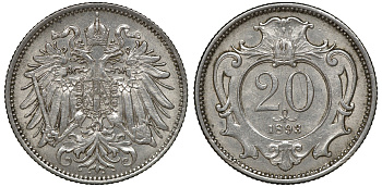 Австрия 20 геллеров 1893 Франц Иосиф I KM 2803 никель 4163-725
