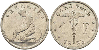 БЕЛЬГИЯ 1 ФРАНК 1935 BELGIE, АЛЬБЕРТ I (1909-1934) KM 90 никель 202-925