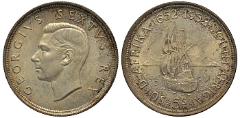 ЮАР 5 шиллингов 1952 Георг VI (1937-1952), 300 лет основания Кейптауна, парусник KM 41 серебро аUNC 413-1541