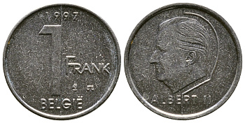 БЕЛЬГИЯ 1 ФРАНК 1997 BELGIE, АЛЬБЕРТ II (1993-) KM 188 железо плакированное никелем 4110-1719