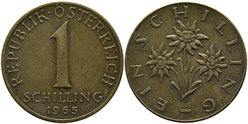 Австрия 1 шиллинг 1965 KM 2886 алюминиевая бронза 33-444