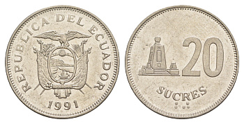 Эквадор 20 сукре 1991 KM 94.2 сталь плакированная никелем UNC 4641-724