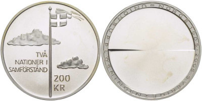 Швеция 200 крон 2005 Карл XVI Густав (1973- ), 100 лет союза между Швецией и Норвегией KM 906 серебро BUNC 1074-10-13