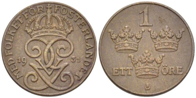 Швеция 1 эре 1931 Густав V (1907-1950) KM 777.2 бронза 116-1126
