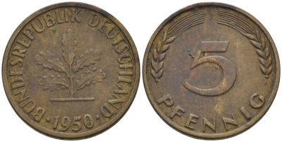 ФРГ 5 ПФЕННИГОВ 1950 J KM 107, J.382 сталь плакированная латунью 4567-866