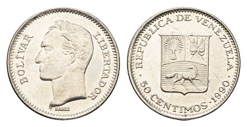 Венесуэла 50 сентимо 1990 Симон Боливар Y 41a сталь плакированная никелем UNC 4664-415