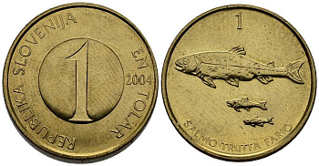 Словения 1 толар 2004 рыбы KM 4 никель латунь 65-155