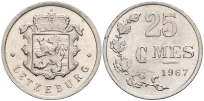 Люксембург 25 сантимов 1967 Герцог Жан (1964-1999) KM 45a алюминий 4596-843