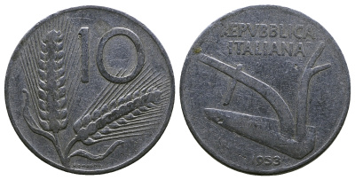 Италия 10 лир 1953 R, плуг, колосья KM 93 алюминий 4384-1112