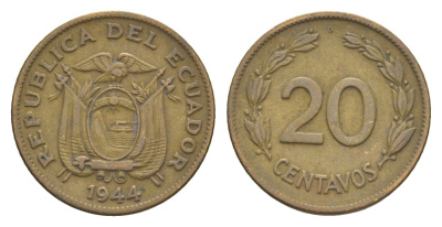 Эквадор 20 сентаво 1944 KM 77.1a латунь 4640-1223