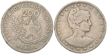 Бразилия 200 реалов 1901 MCMI, голова свободы вправо KM 504 медно-никель 4612-232